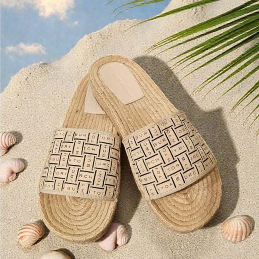 Tory Burch Logo Woven Canvas & Rope Espadrille Slide Sandals